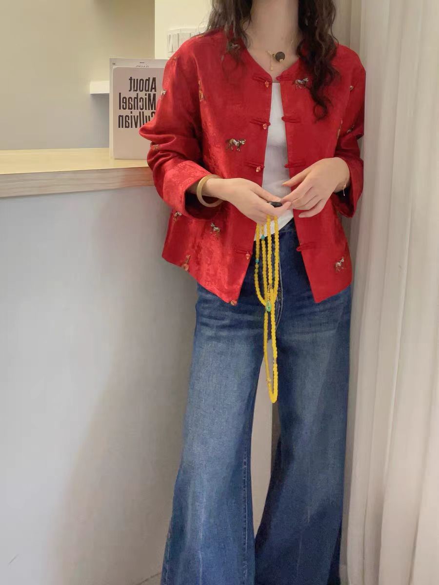 【小马外套】新中式国风盘扣设计师款印花圆领复古单面外套8821