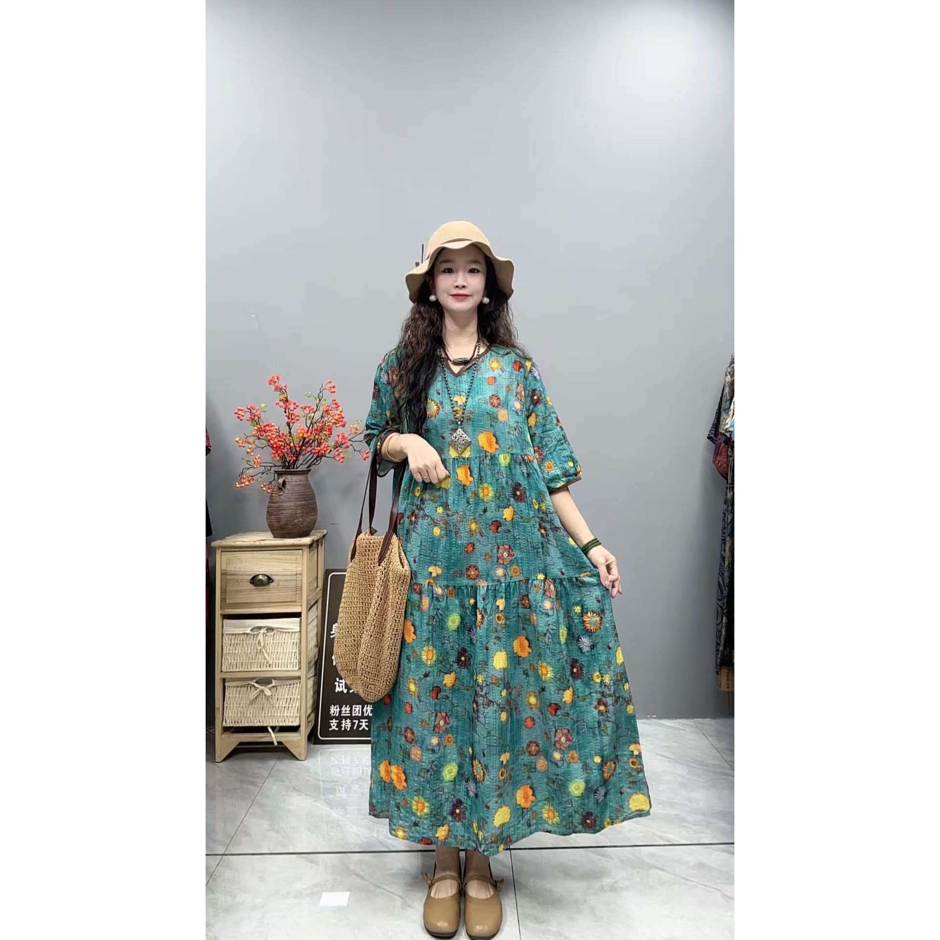 5293夏季新款显瘦气质时尚女百搭休闲文艺复古印花洋气宽松连衣裙