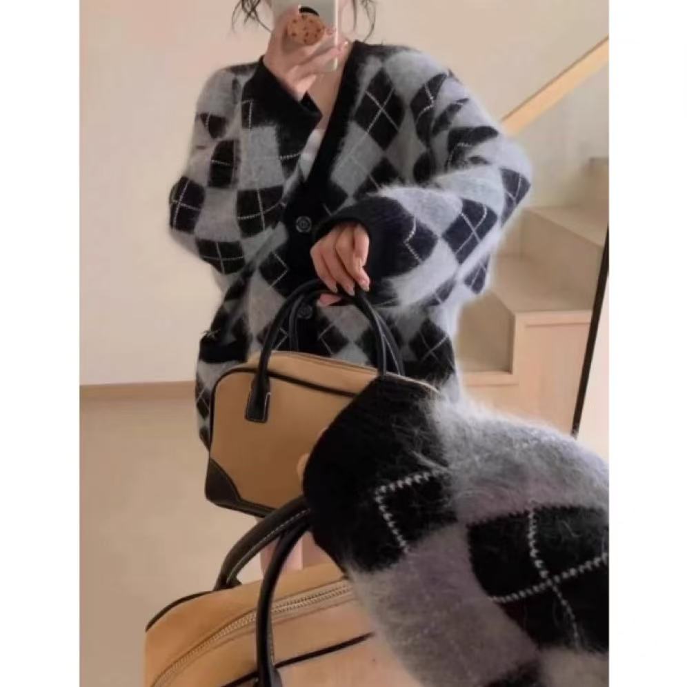 丽丽家~菱格大开衫百搭长袖气质针织外套