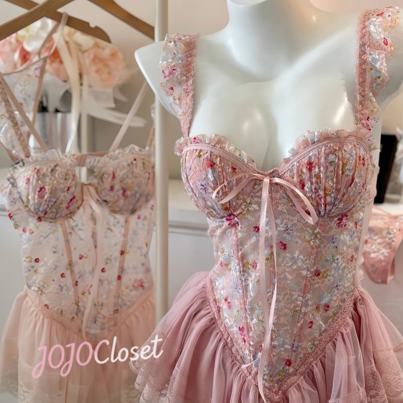 JOCLoset【甜心萌粉】碎花小飞袖吊带连衣裙鱼骨带胸垫聚拢短裙