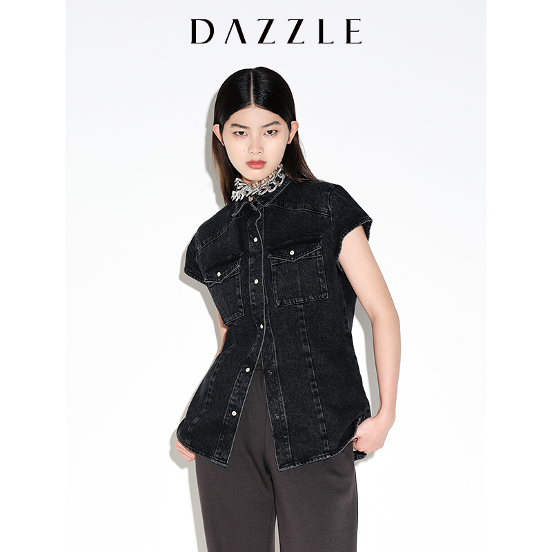 DAZZLE地素夏女款收腰小飞袖短袖牛仔衬衫2E2RC01