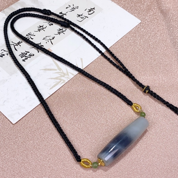 天然和田玉新疆青花籽玉乐子桶珠银锁骨链项链路路通吊坠女@0017