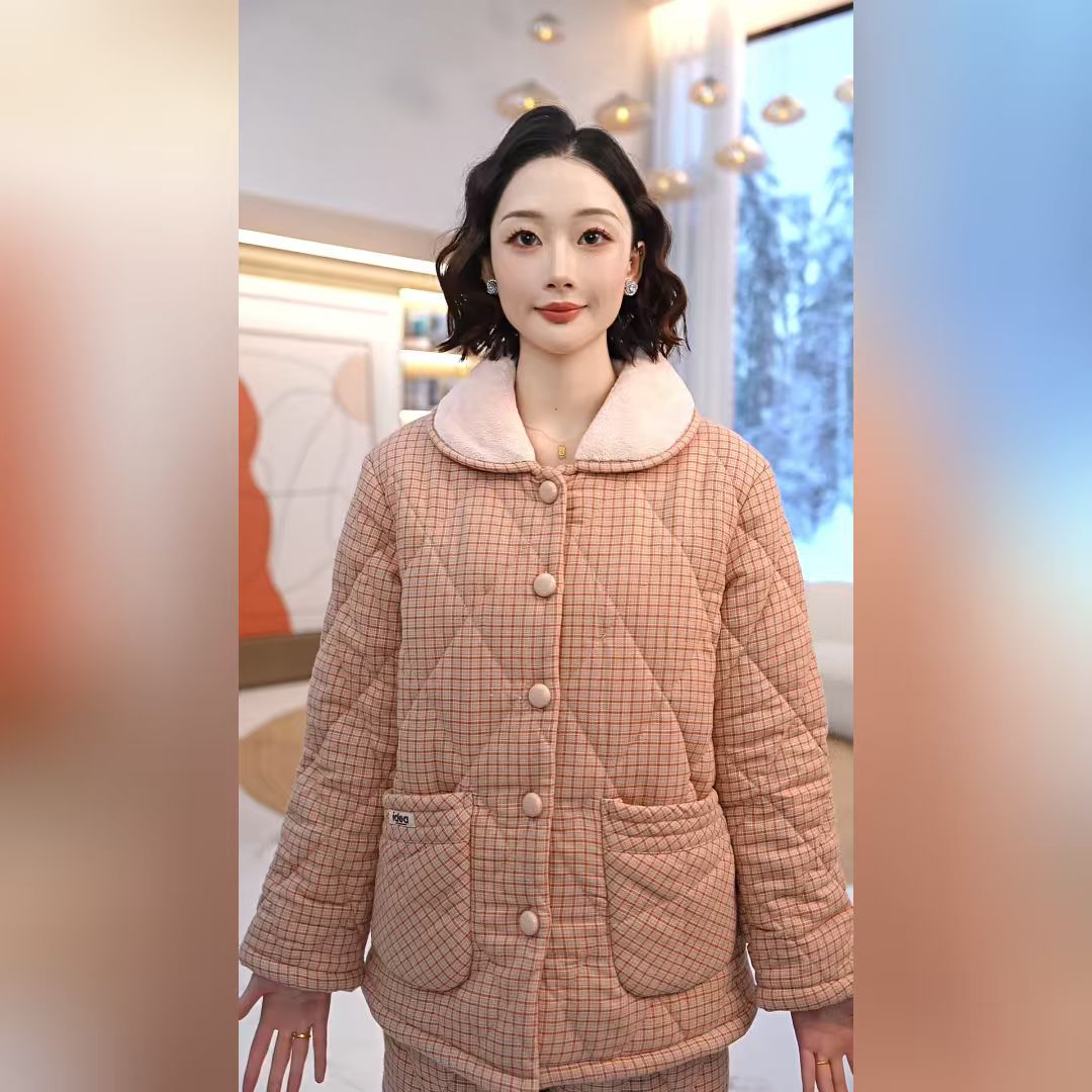 秋鹿梭织色织格夹棉女套冬季时尚格子保暖家居服