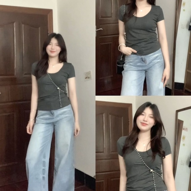 大码胖mm设计感短袖t恤2025夏季新款修身正肩圆领色韩版女上衣