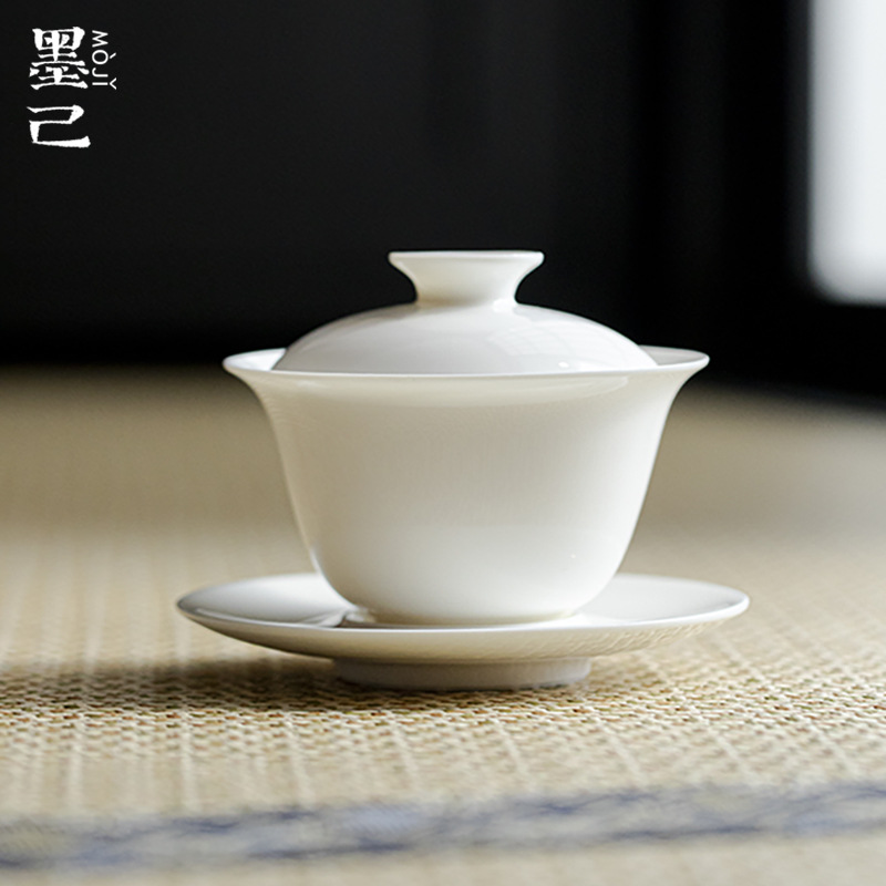 墨己白瓷三才盖碗功夫茶具玉泥天地纯白盖碗泡茶碗岩茶敬茶碗家用