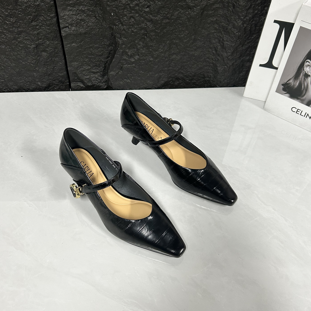 单鞋玛丽珍女凉鞋女鞋黑色浅口鞋低跟粗跟黑色尖头