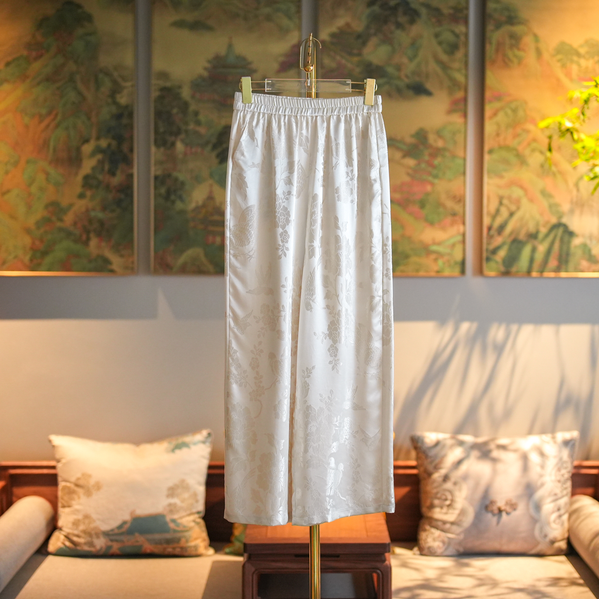 蓝大【云水间】桑蚕丝松紧腰直筒休闲裤7761