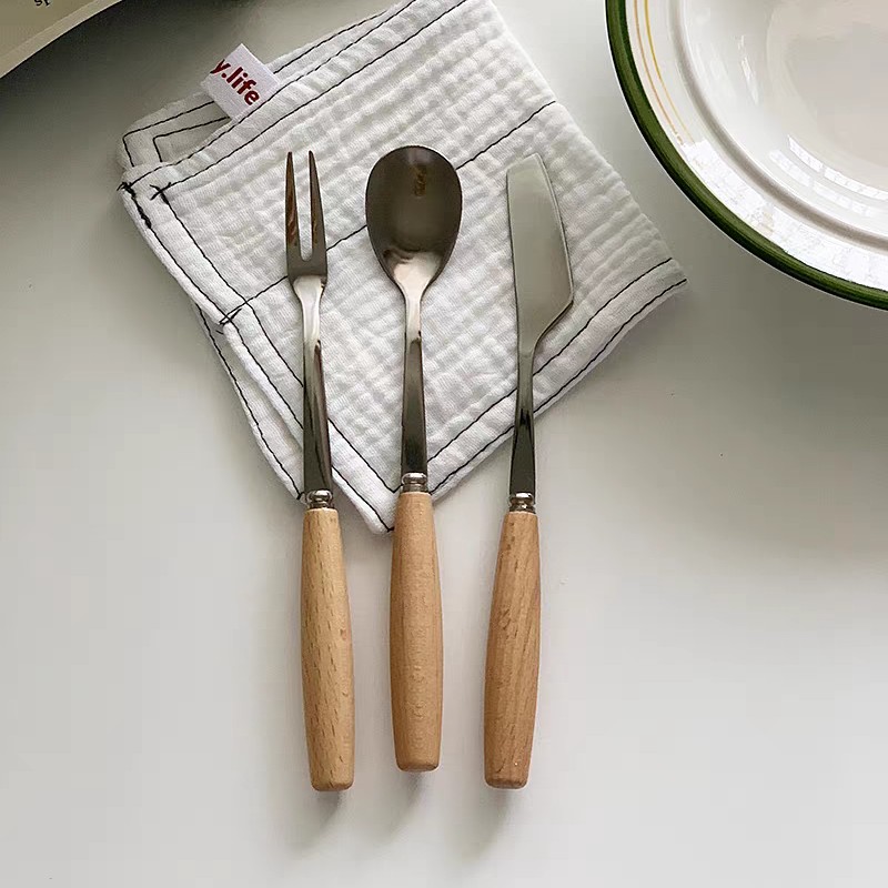 ins复古圆柱实木柄筷子刀叉勺子餐具套装不锈钢厨房餐具家用汤勺