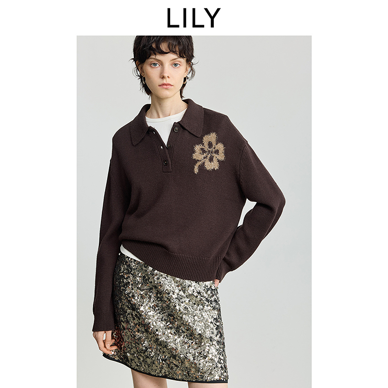 LILY2025冬新款羊毛混纺POLO领休闲通勤深色针织衫女125409TK901