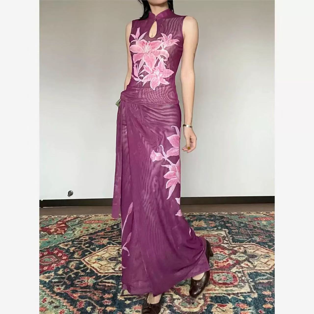 新中式植物系野百合双面穿立领旗袍修身显瘦一片式半身长裙两件套