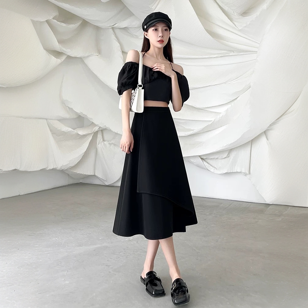 BQ016西装a字半身裙女春夏季不规则小个子半裙垂坠感黑色长裙