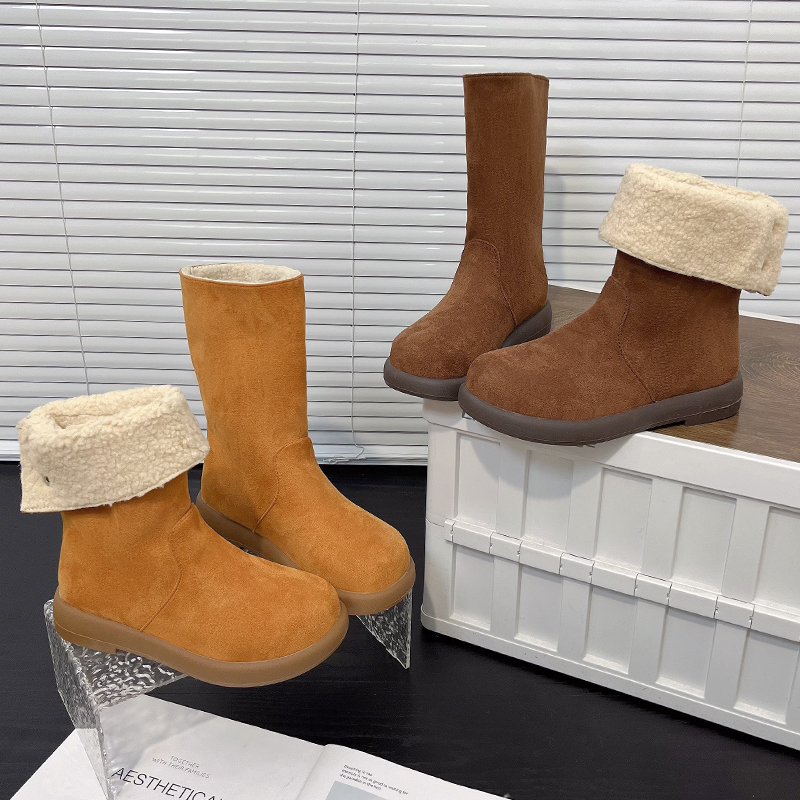 磨砂皮秋冬加绒加厚棉鞋网红后搭扣平底短靴两穿靴子复古雪地靴