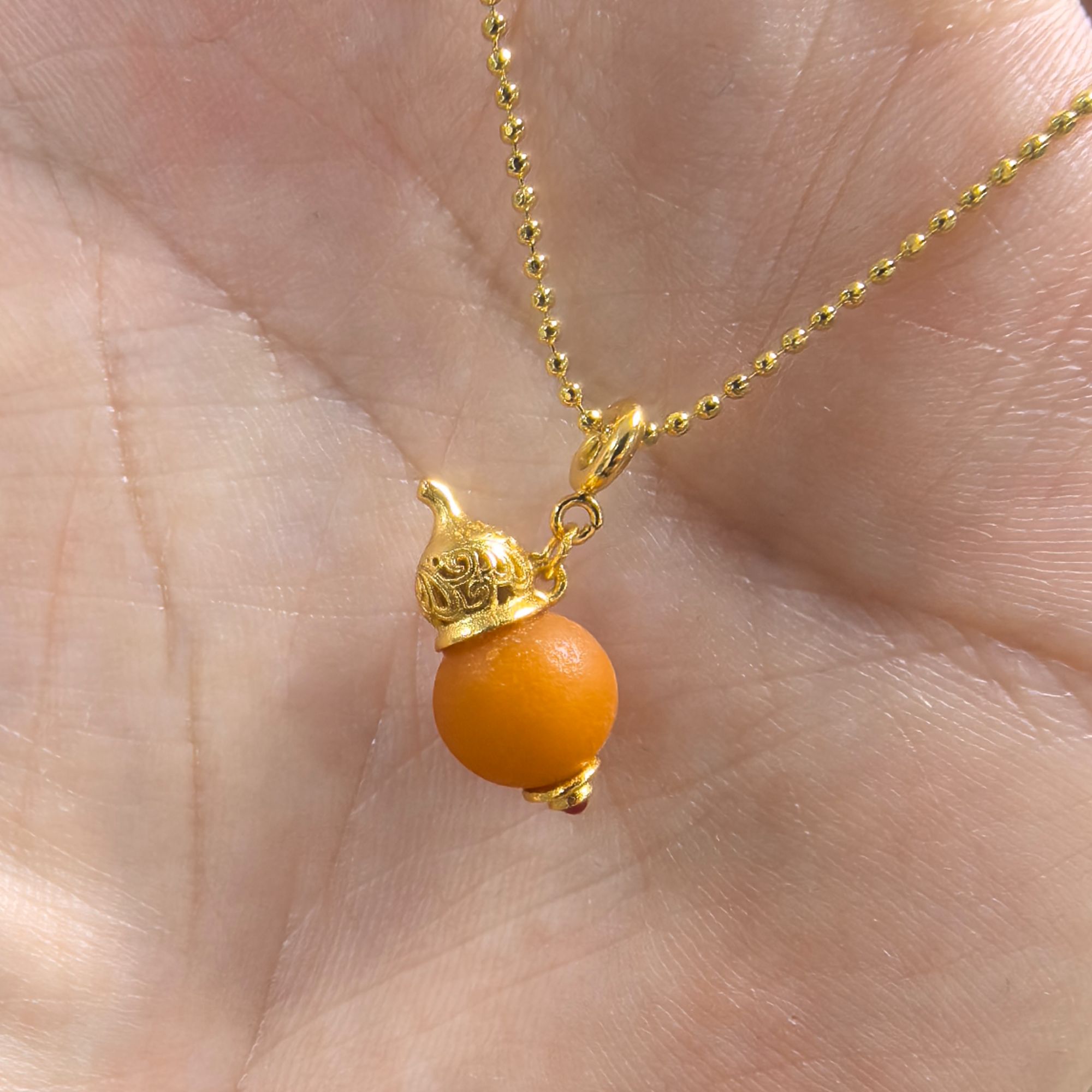 天然橘皮纹老蜜蜡s925银葫芦吊坠提溜【珠子8mm】