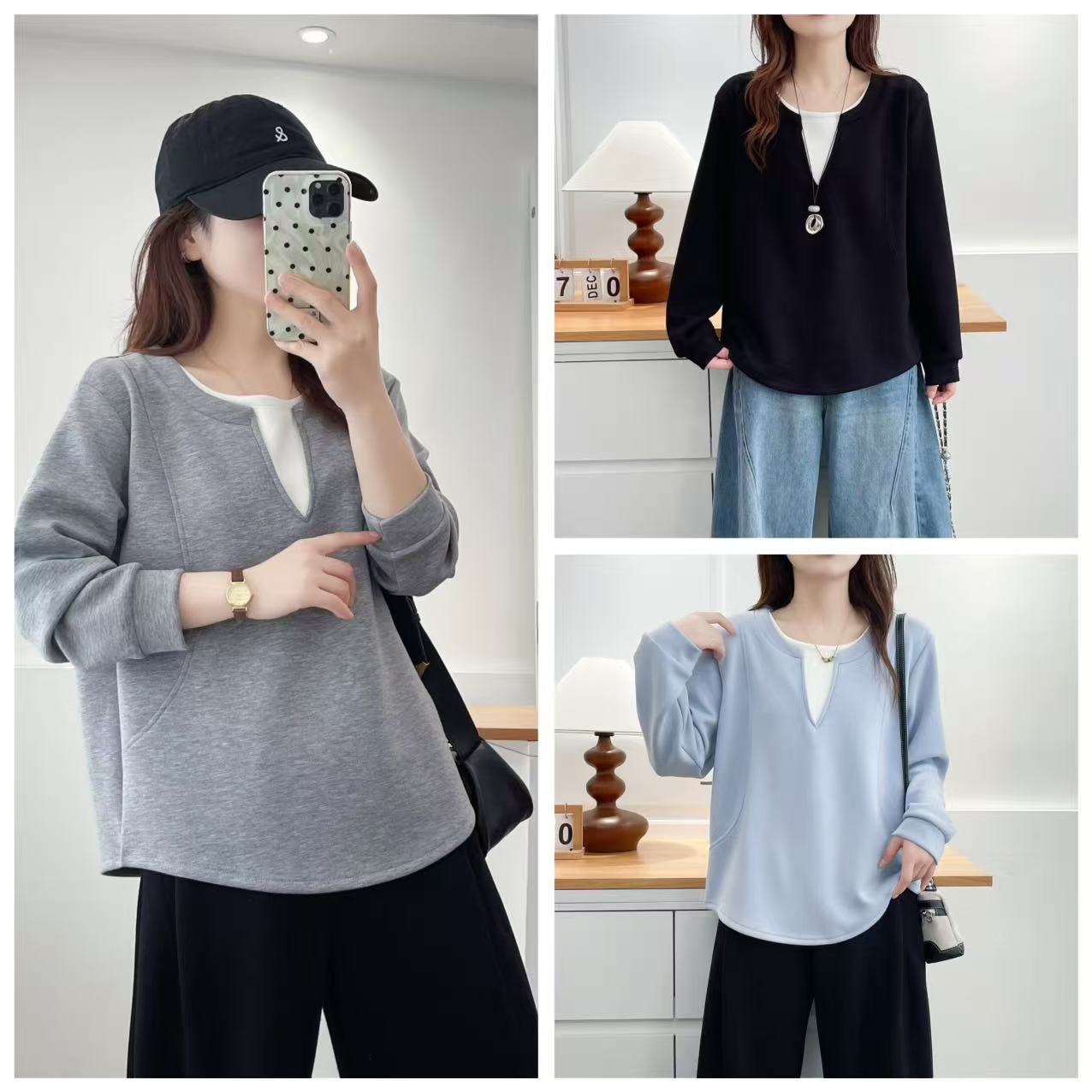 115-200斤大码女装秋装宽松长袖休闲假两件纯色套头卫衣上衣外套