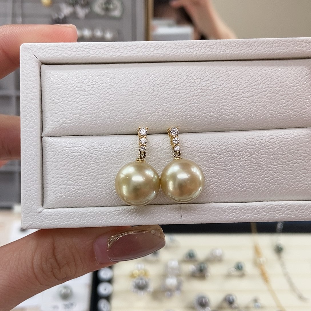 海水珍珠耳饰银S925镶嵌南洋金珠