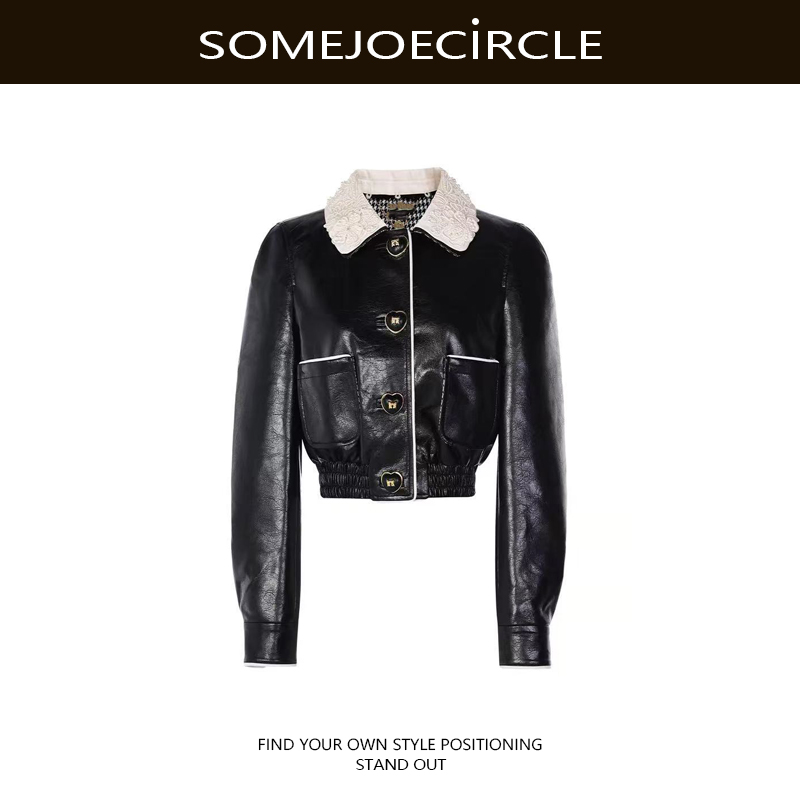 【DZ】SOMEJOECIRCLE【angelababy】赵美延腻腻同款钉珠短皮衣Z7449