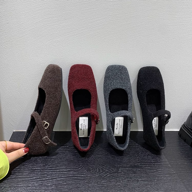 毛呢料韩版平底方头加绒单鞋玛丽珍毛毛鞋春夏保暖棉鞋女鞋法式