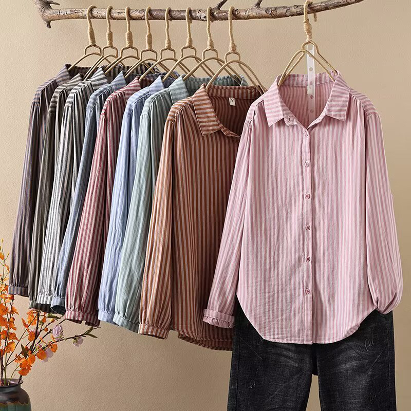 防晒长袖夏季亲肤纯棉条纹衬衫宽松大码女装休闲上衣文艺复古经典