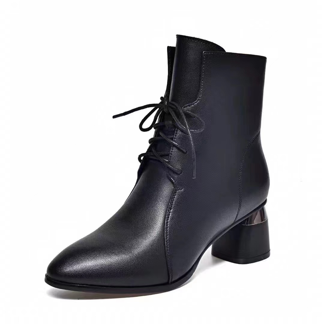 尖头粗跟系带百搭短靴1077