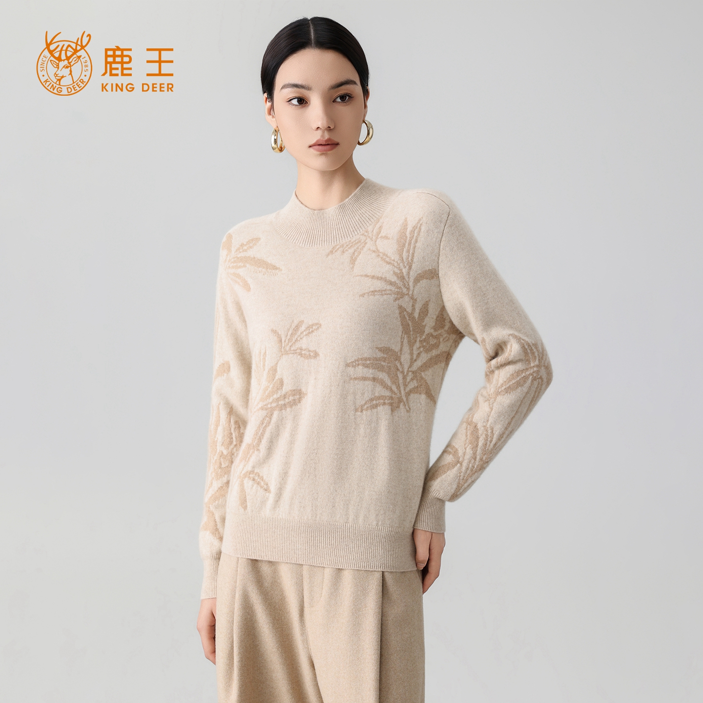 鹿王25秋冬新款女半高领100山羊重工提花针织套衫 加厚 PS164