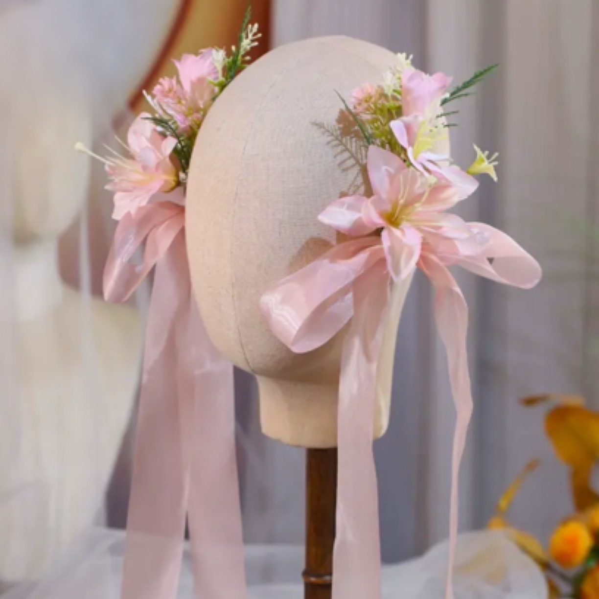 粉色仿真花朵蝴蝶结流苏发夹新娘头饰婚纱礼服头饰化妆造型发饰品