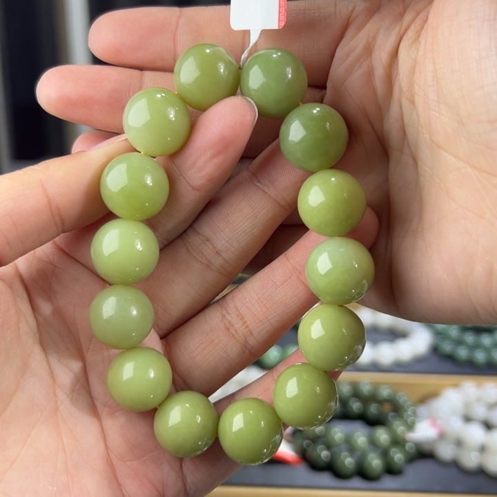 和田玉手串未镶嵌新疆若羌青黄口葡萄肉卡16圆珠