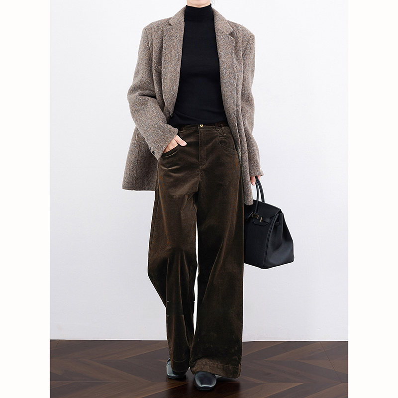 高级感通勤复古棕色灯芯绒裤子女冬美拉德直筒加绒加厚阔腿裤长裤