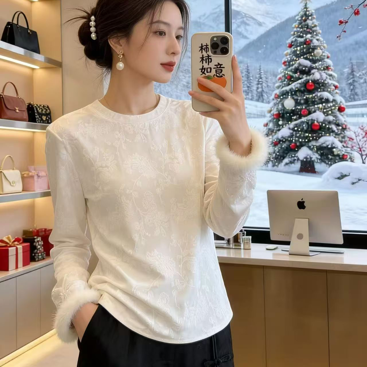 新中式国风提花毛袖口磨毛T恤秋冬气质上衣女大码内搭显瘦打底衫