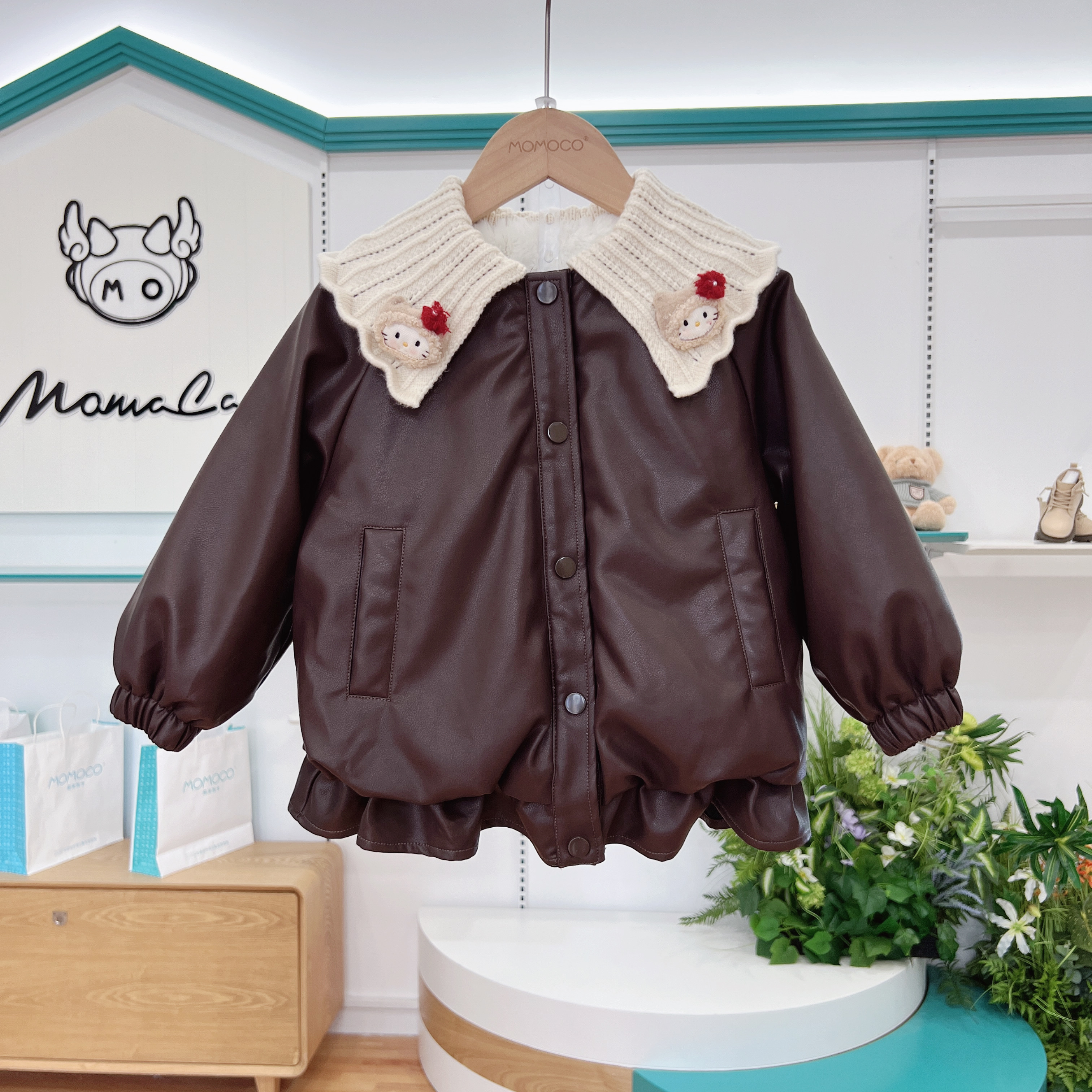 MOMOCO2025冬季女童洋气皮衣外套加绒加厚翻领外套77830107092