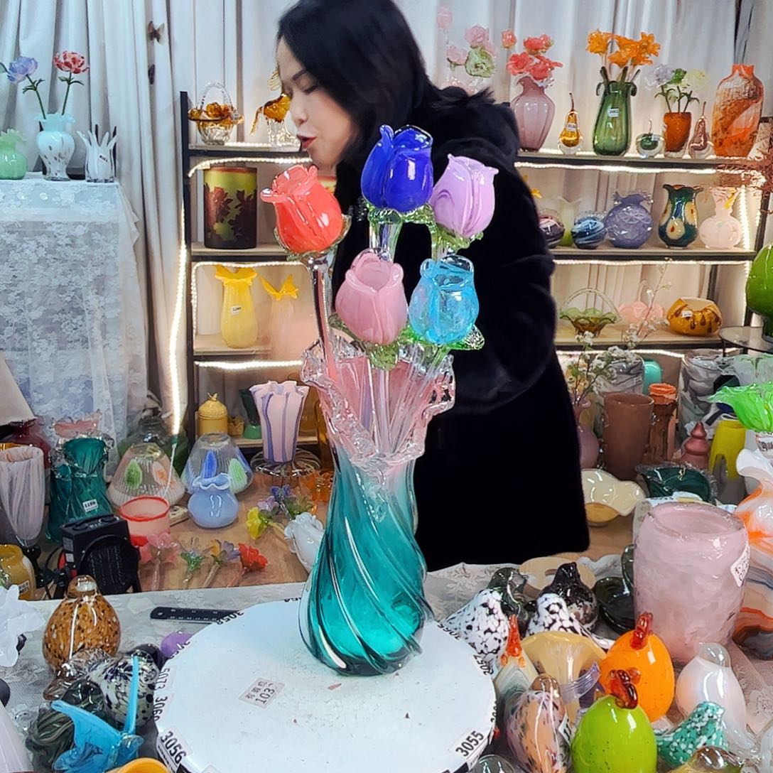 水***芝5花1瓶家悦美居琉璃摆件