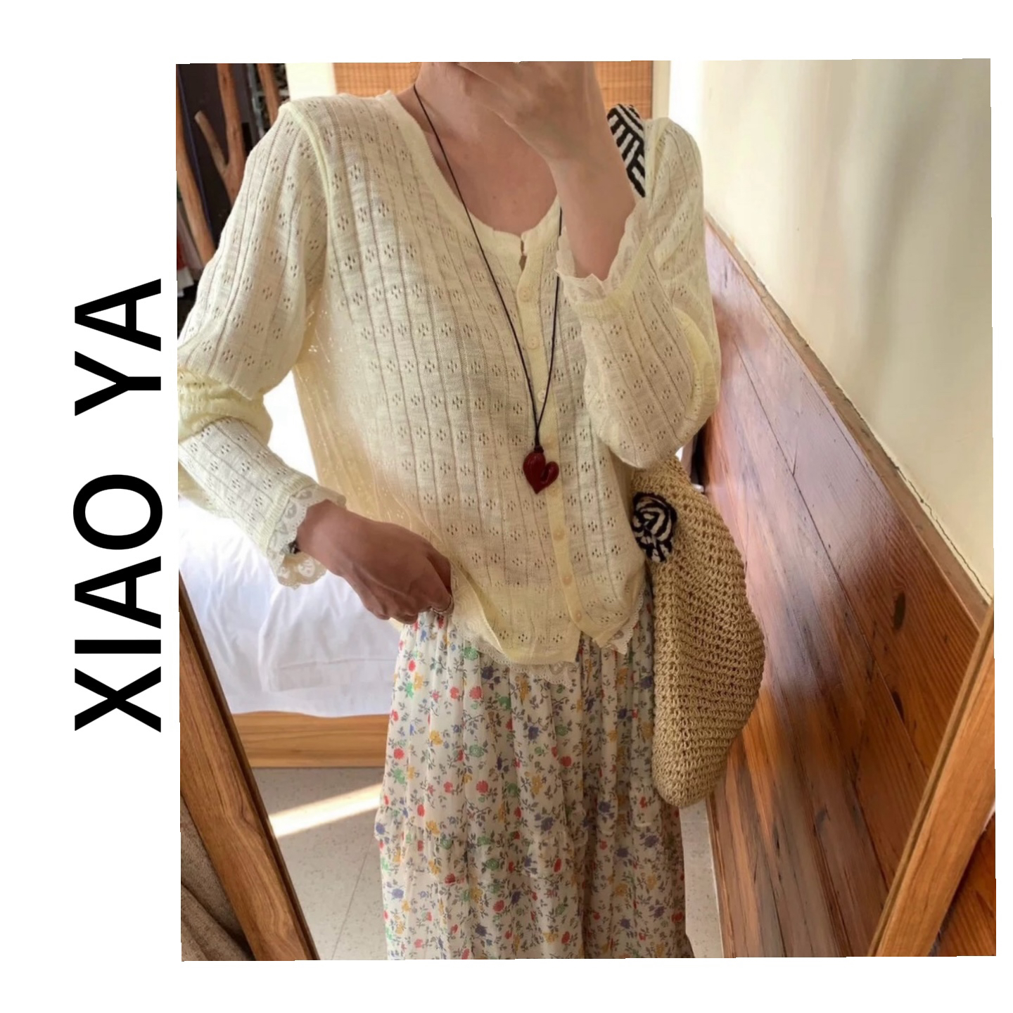 9310春季新款韩系剪刀领拼接花边镂空百搭针织开衫