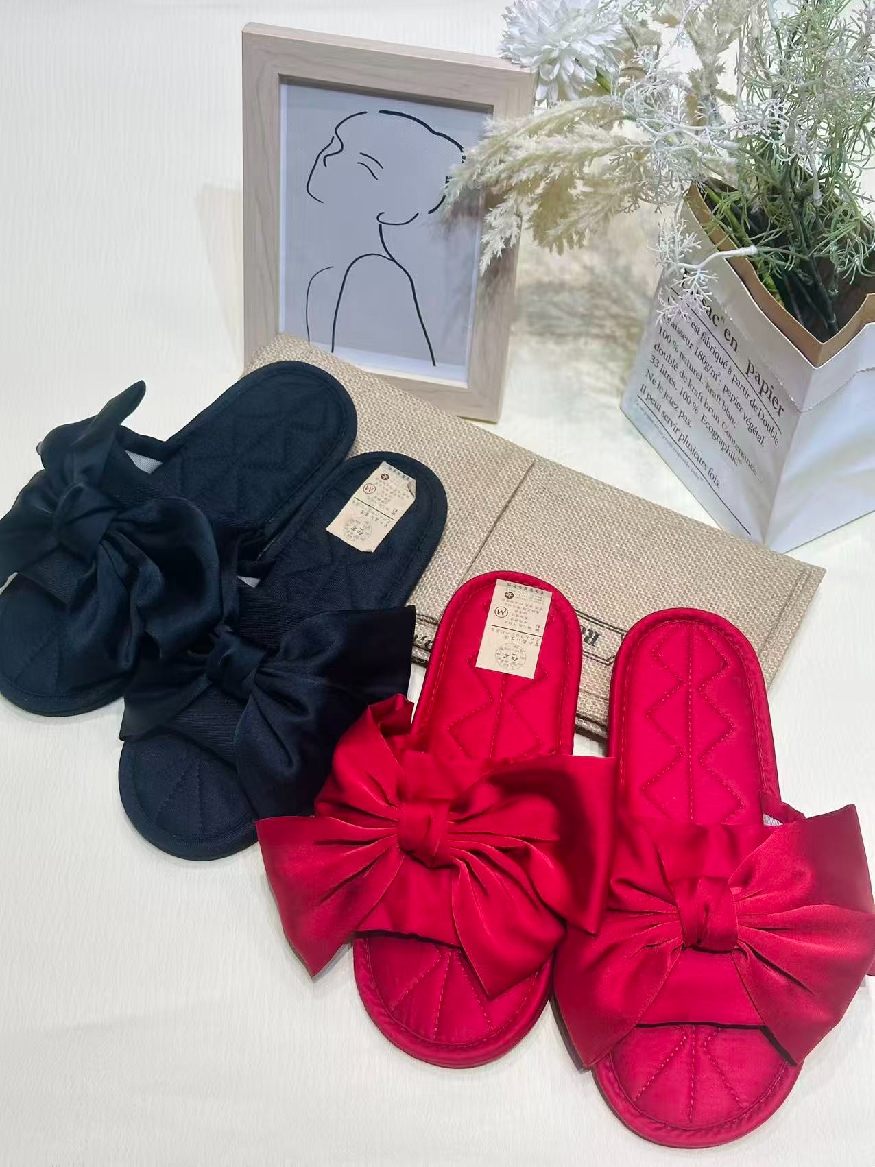 伍茶春夏新款女士布底韩国丝绸大蝴蝶结室内拖鞋