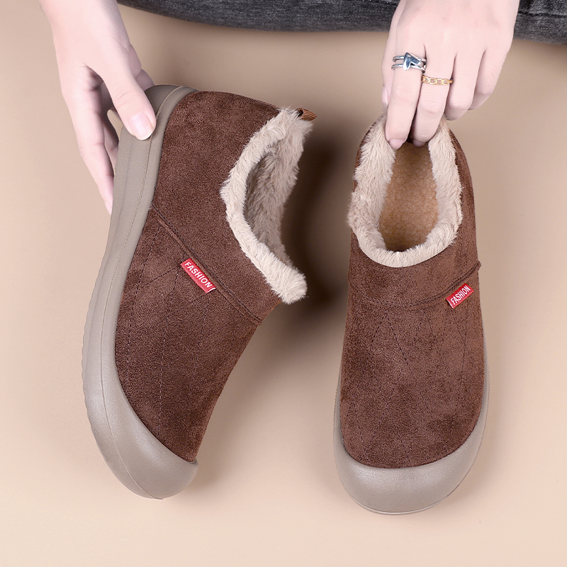 秋冬新款休闲加绒女士棉鞋防滑耐磨加厚保暖妈妈鞋一脚蹬包头防撞