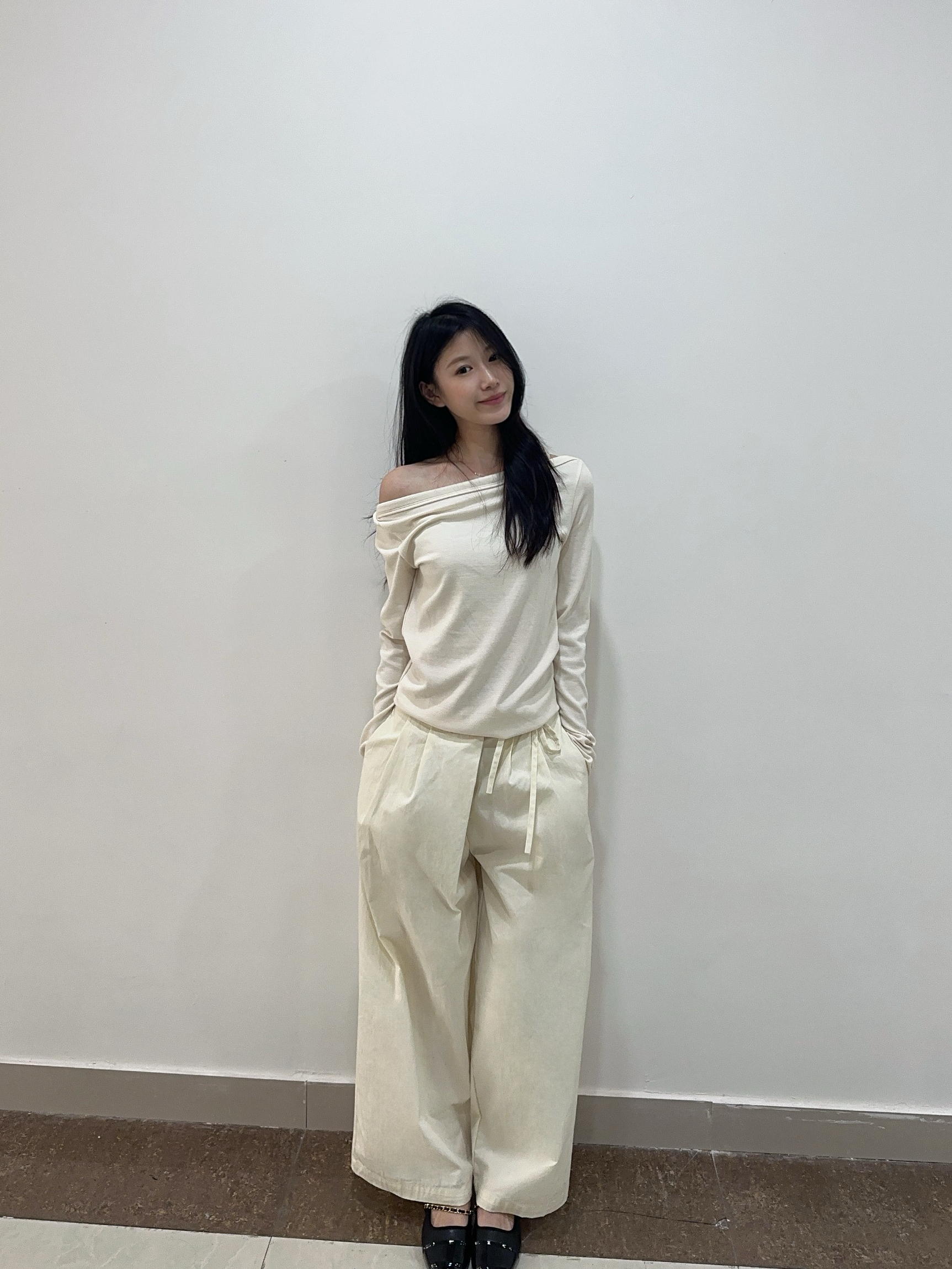 高腰直筒裤白色阔腿适中休闲裤女装抽绳垂感时尚西装