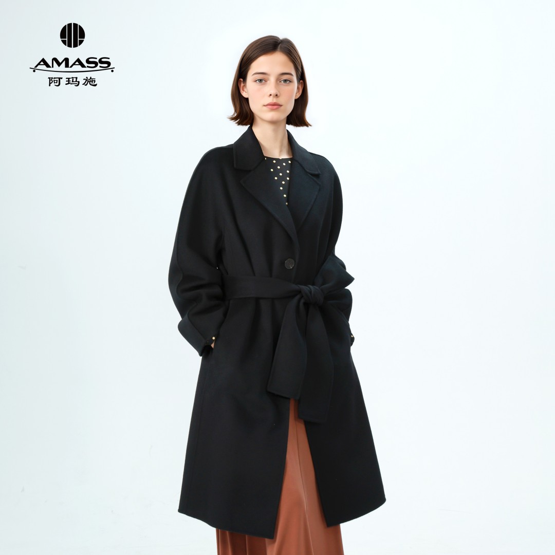 AMASS/阿玛施秋冬翻领羊毛双面呢宽松中长款大衣女附腰带5400515