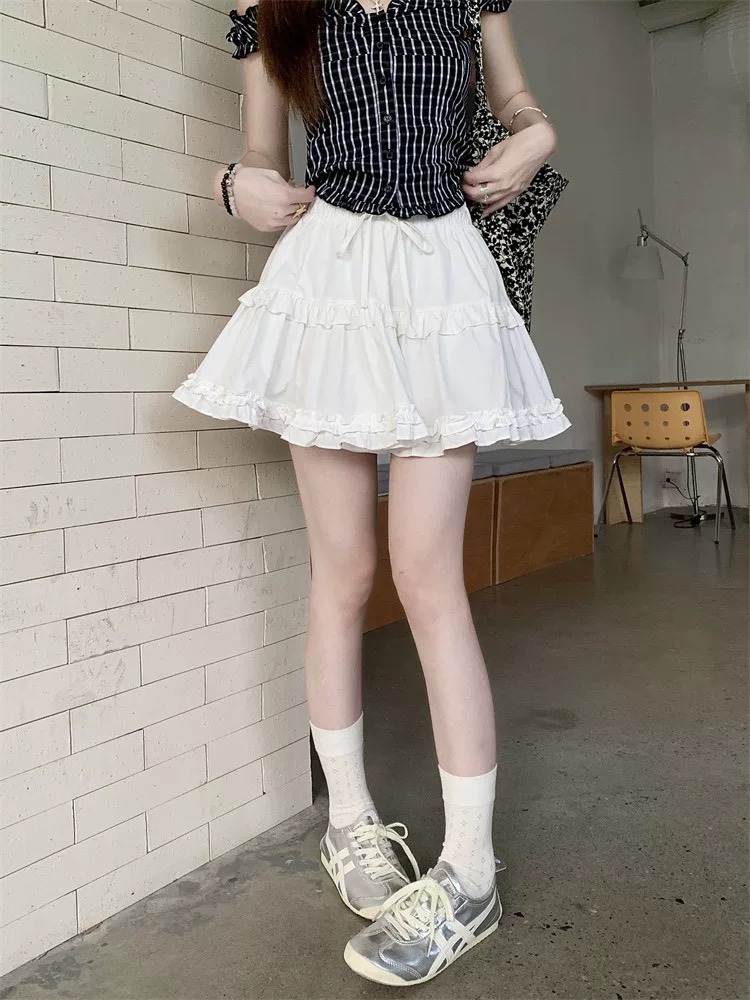 越野兔//甜美木耳边抽绳松紧腰短裙蛋糕裙