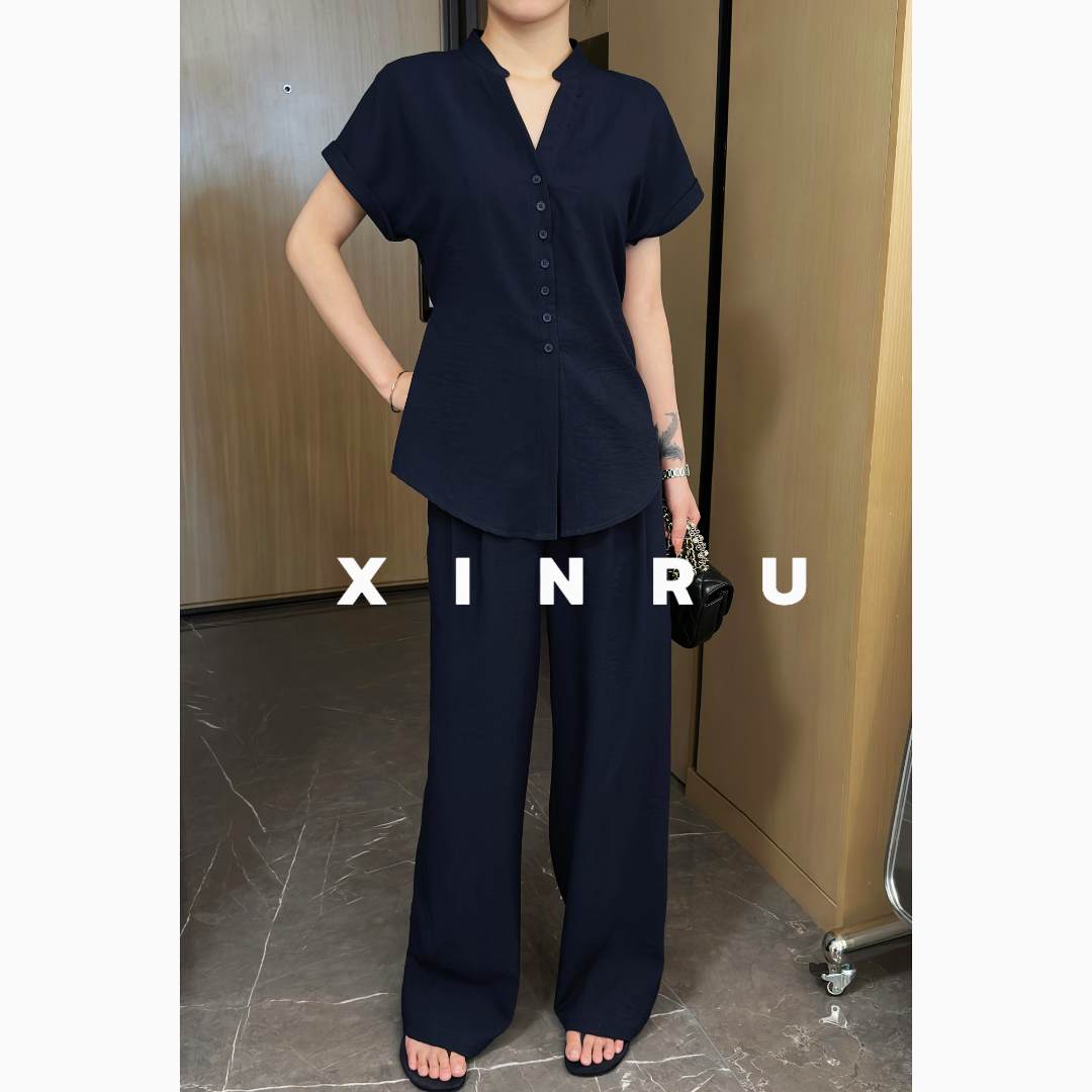 时尚套装女收腰系带短袖衬衫+高腰宽松显瘦阔腿裤减龄休闲两件套