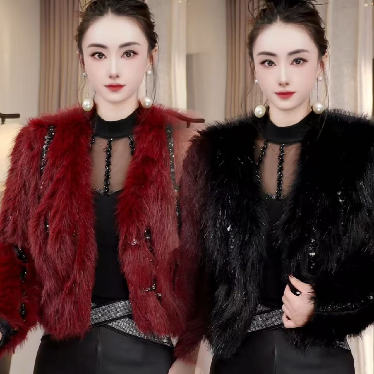 时尚气质加棉加厚亮片重工短款毛毛外套