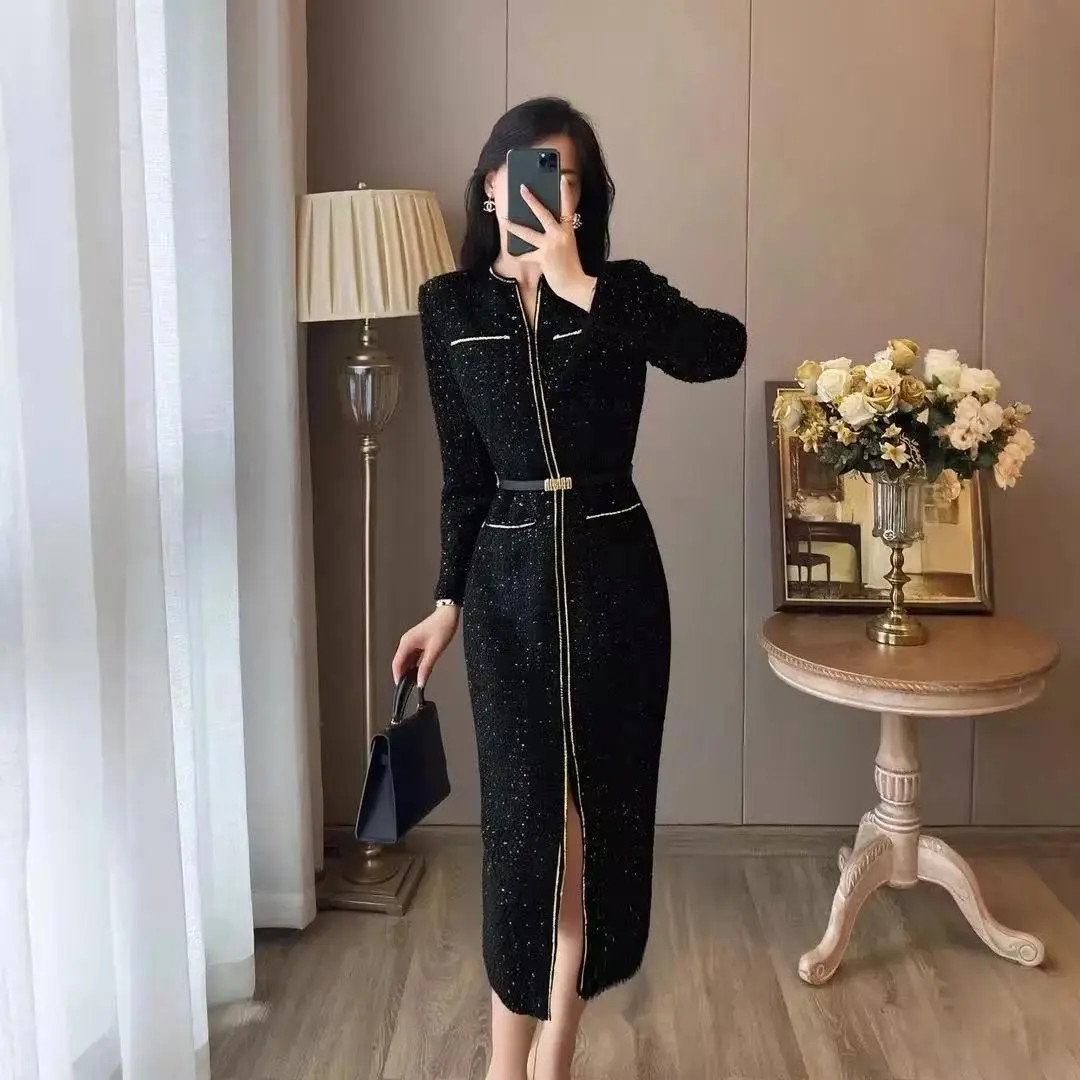 长裙常规中长裙黑色修身显瘦秋冬秋季连衣裙气质套头Y0095