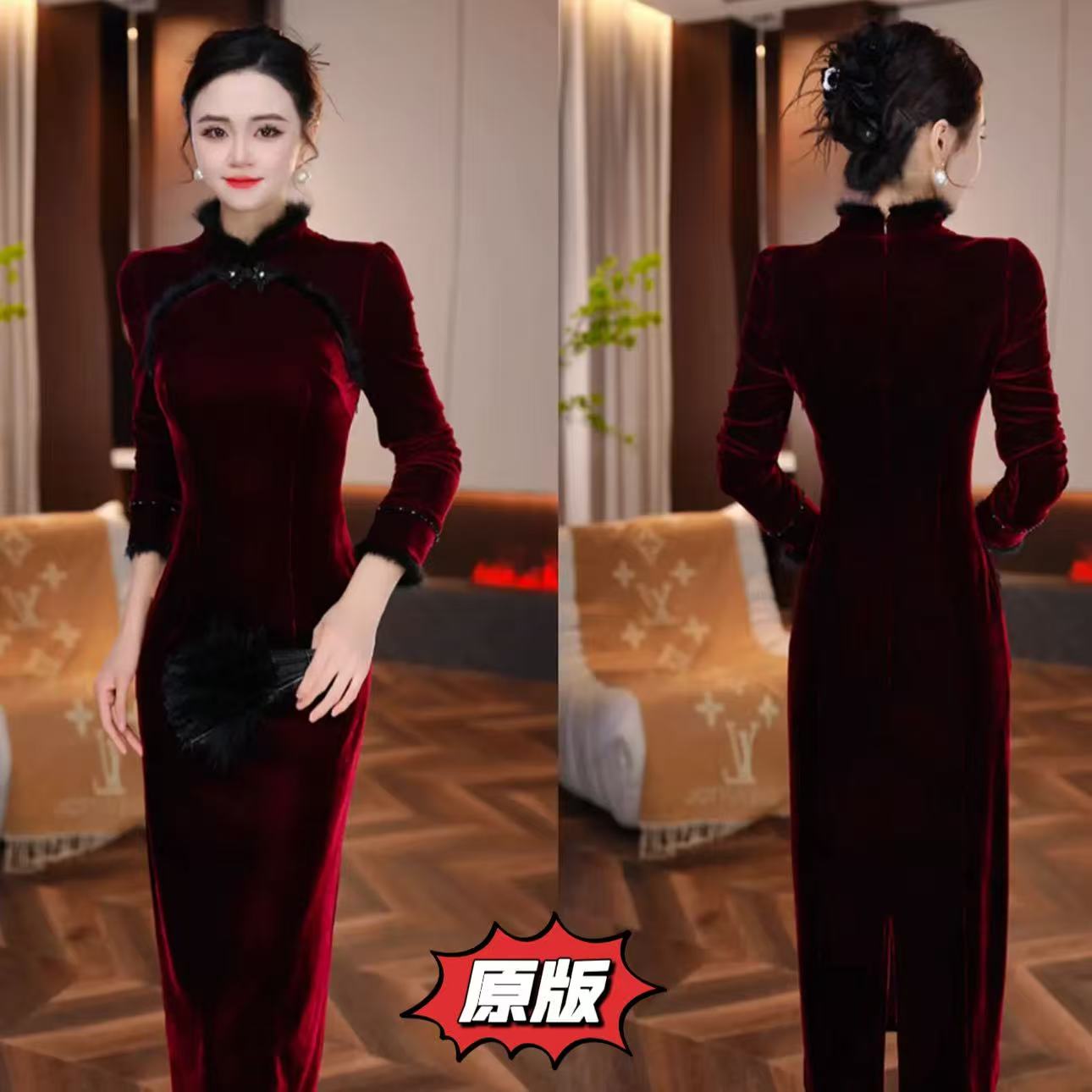 【红玉佳人】真毛领丝绒裙2025秋冬新款收腰显瘦轻奢女人味连衣裙