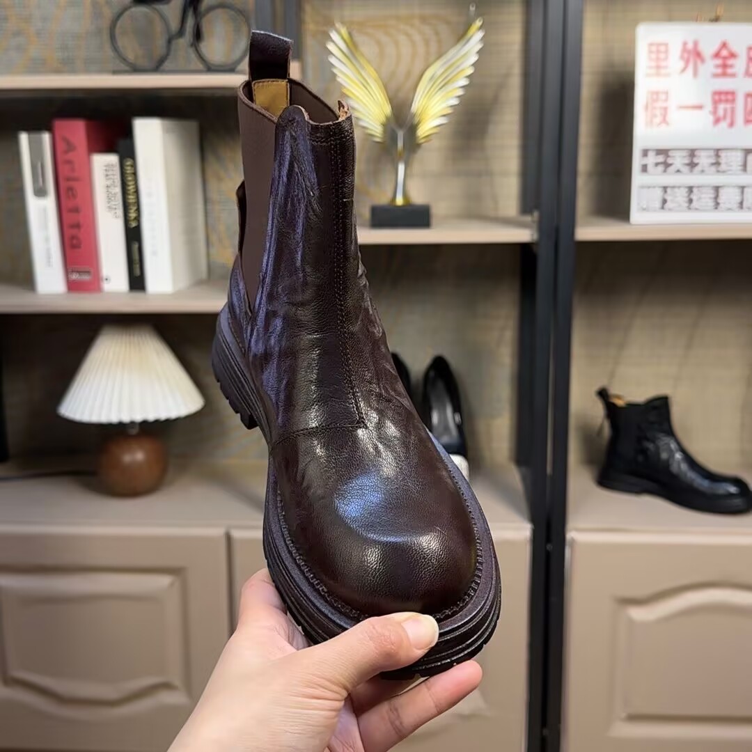 秋冬季新款粗跟中跟百搭切尔西靴厚底气质真皮圆头短靴女