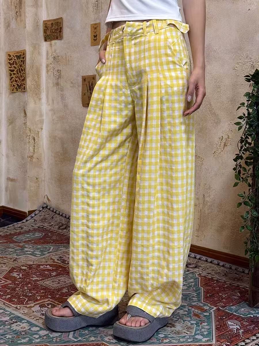 B15-4黄色“腰扣“格纹长裤（2568）