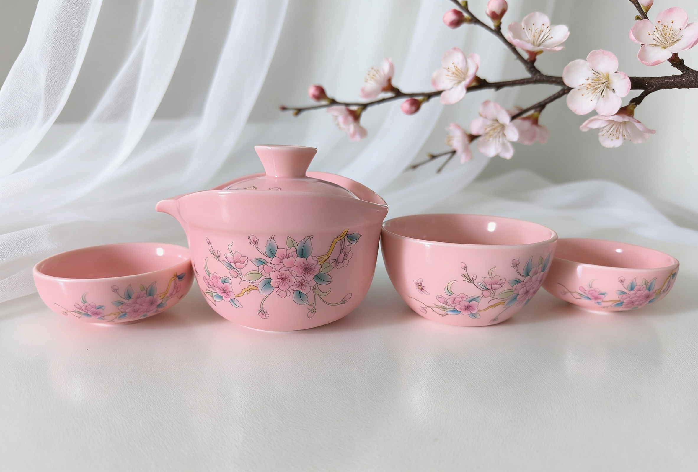 LX304粉桃枝一壶三杯快客旅行套装