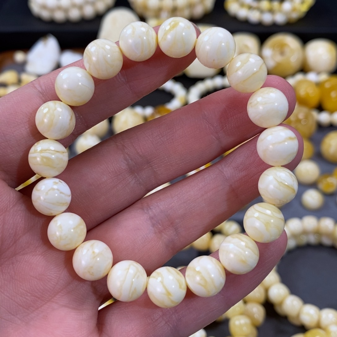 蜜蜡手串未镶嵌瓷白虎皮纹圆珠手串9.5