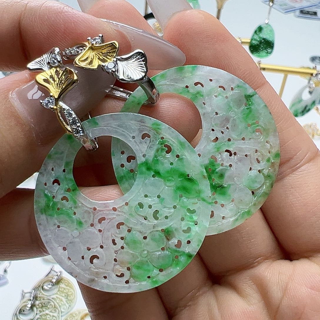 银S925镶嵌翡翠耳饰小*迷天然缅甸A货翡翠