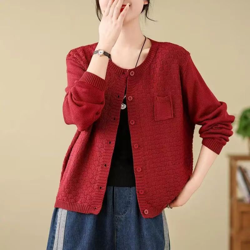 春秋款复古棉线针织开衫女圆领长袖外套时尚休闲百搭上衣