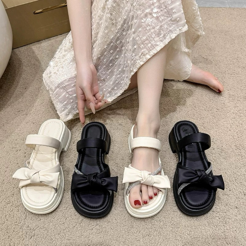 加大加肥2652凉拖鞋夏季厚底新款法式珍珠蝴蝶结沙滩鞋