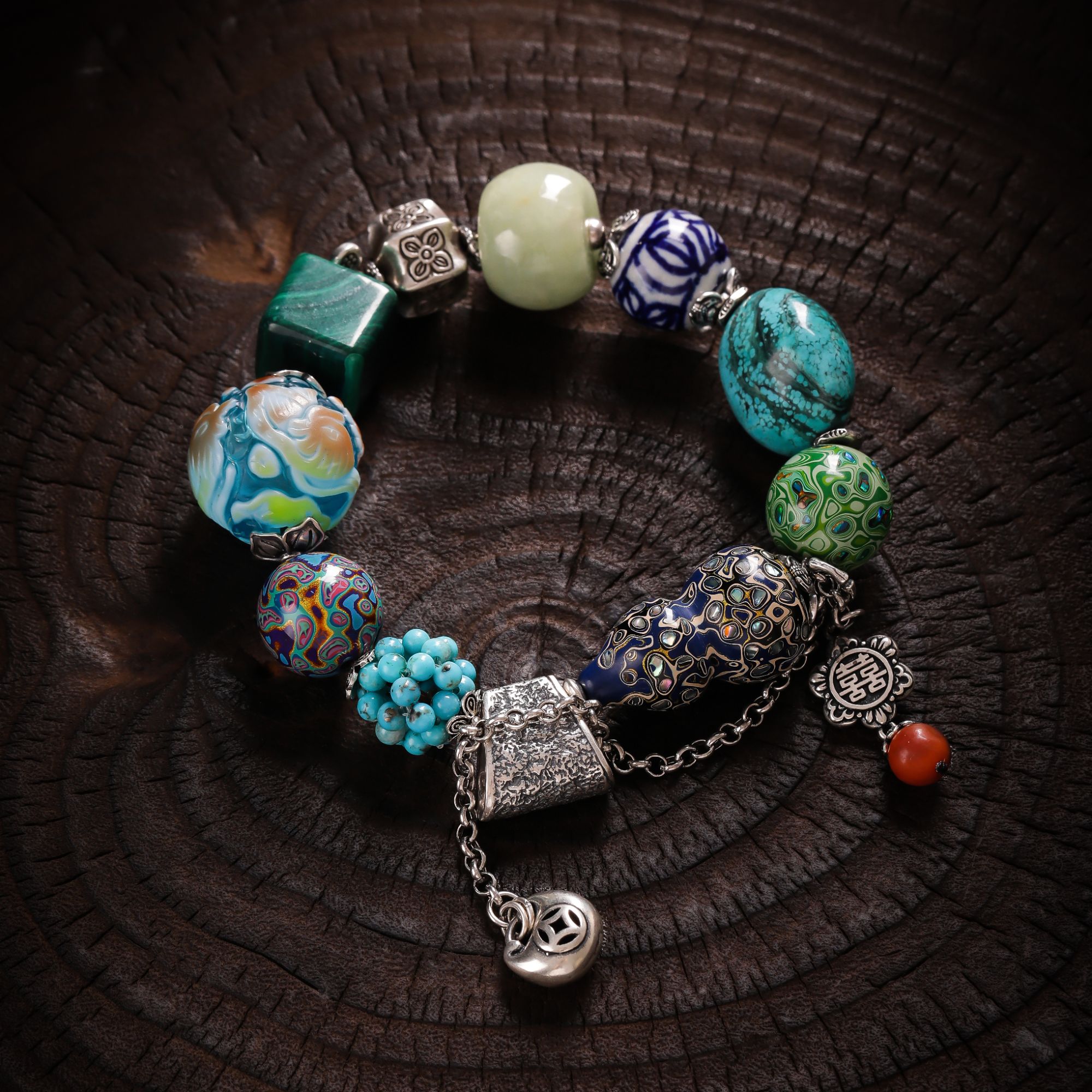 925银手链 大头姐S10824 喜字流苏蓝色漆葫芦青花瓷圆珠多宝手链