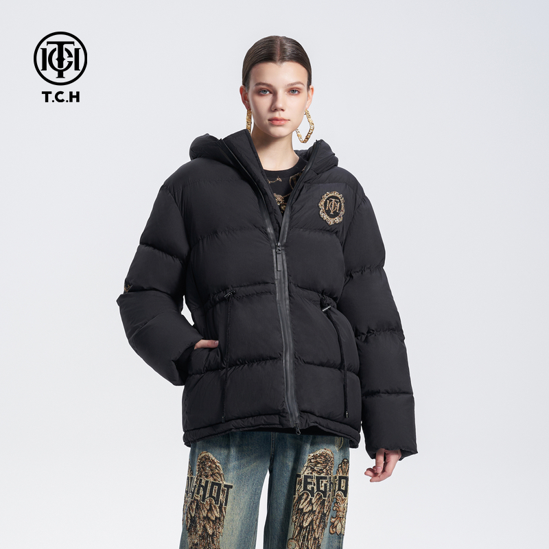 TCH潮牌时尚烫钻收腰显瘦加厚保暖连帽羽绒服外套T72D198010
