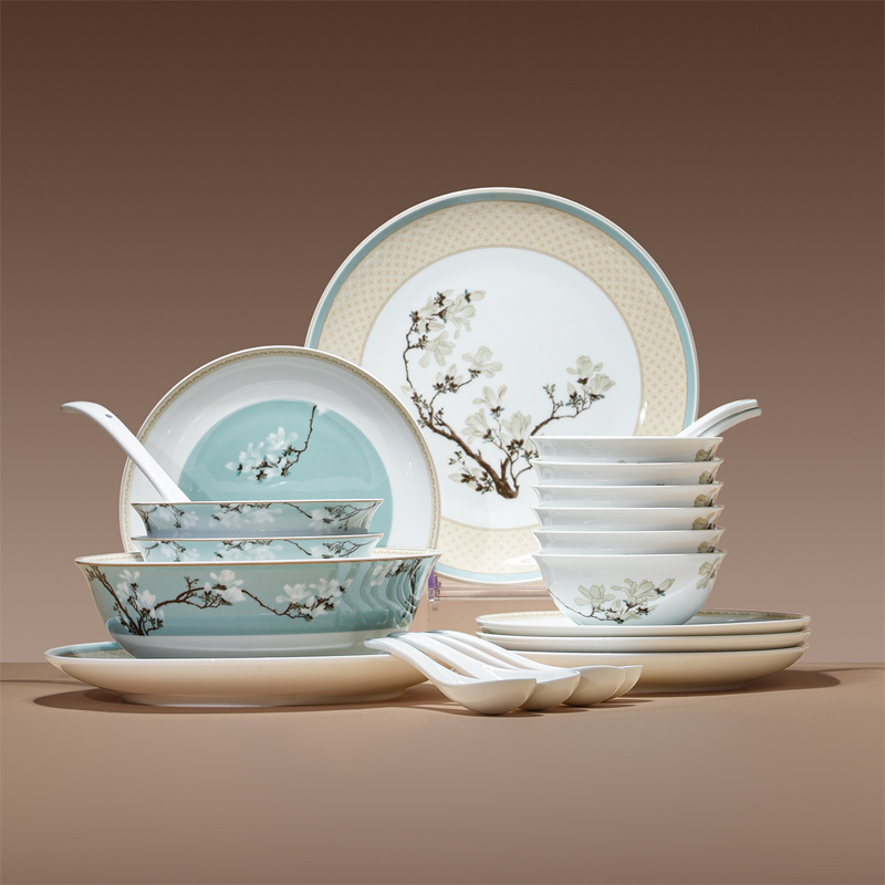 景德镇高温陶瓷碗盘餐具全套中国色汤米饭碗餐盘子餐具套装玉兰香